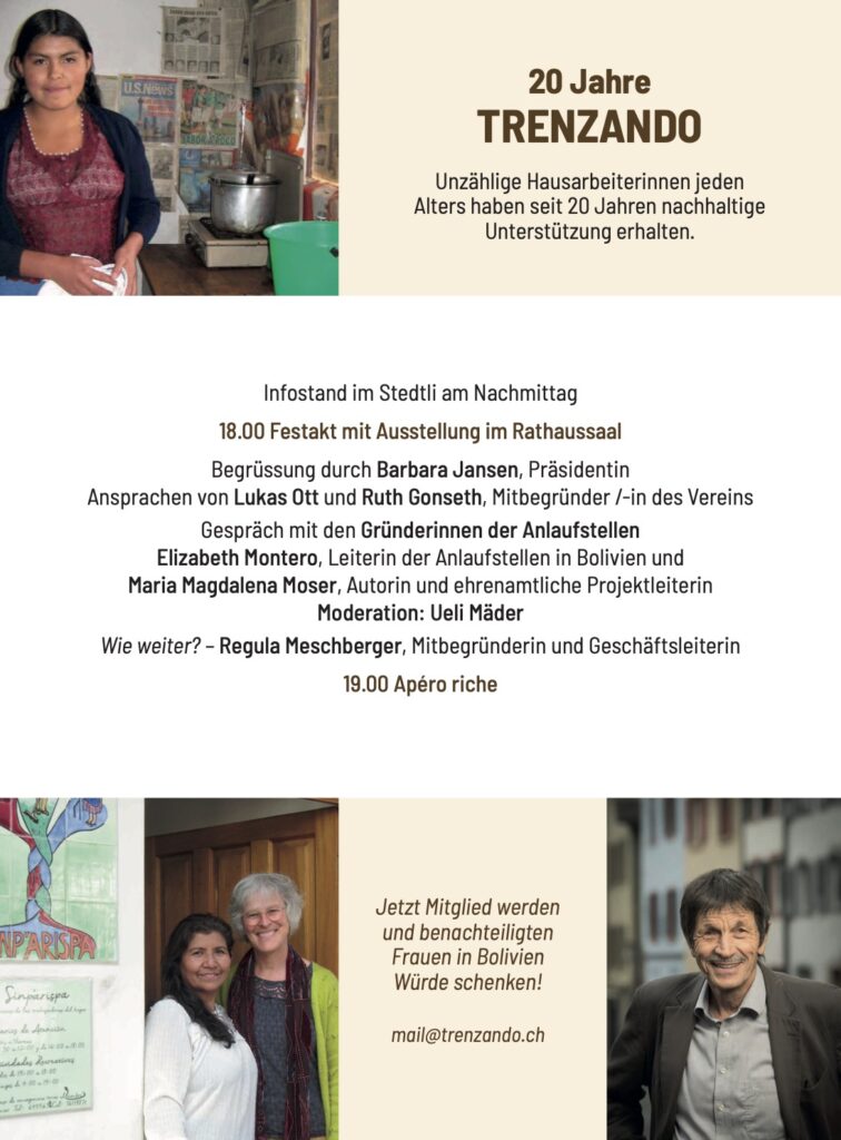 Mit 8 Veranstaltungen im September und Oktober 2026 feiern wir 20 Jahre Solidarität mit den Hausarbeiterinnen in Bolivien